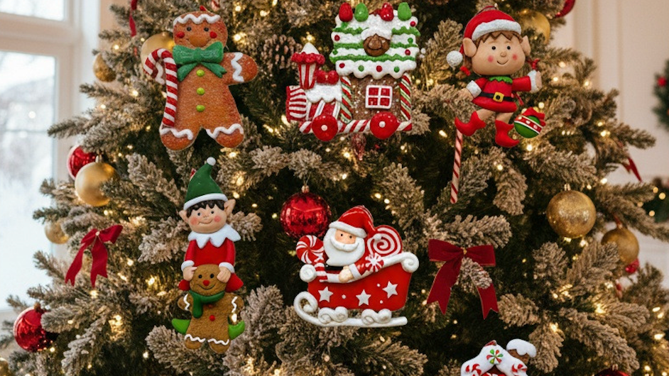Gingerbread en kersttrein kersthanger in een kerstboom