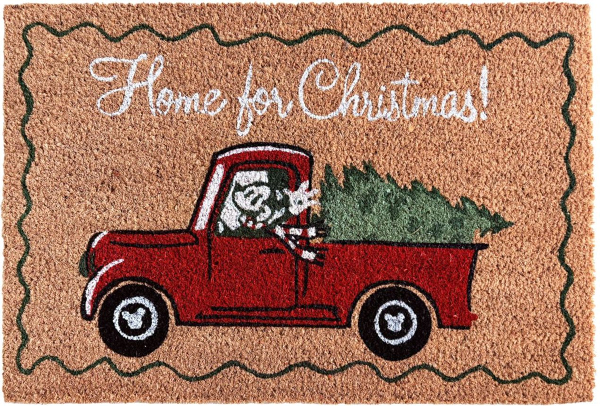 Disney kerst kokosmat / deurmat - Mickey in truck met kerstboom