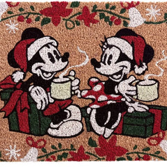 Disney kerst kokosmat / deurmat - Mickey & Minnie Mouse met mok en cadeau