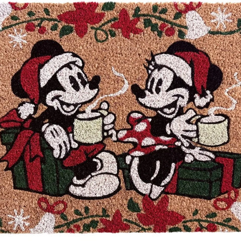 Disney kerst kokosmat / deurmat - Mickey & Minnie Mouse met mok en cadeau