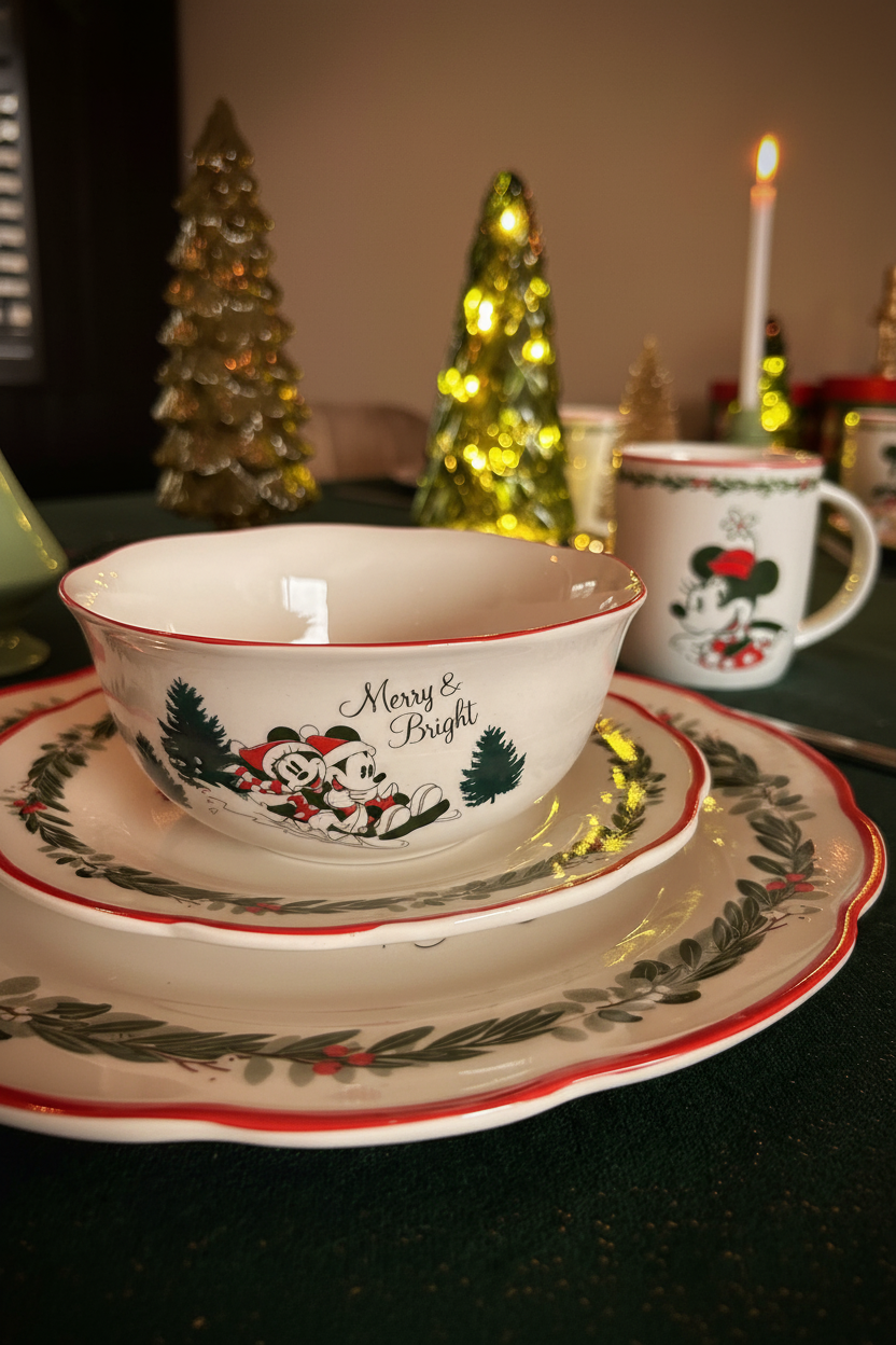 Disney kerst servies met Mickey mouse en Minnie mouse op een slee. Dinerbord en ontbijtbord van mickey mouse en minie mouse. Disney kerst mok beker met minnie mouse en mickey mouse. 