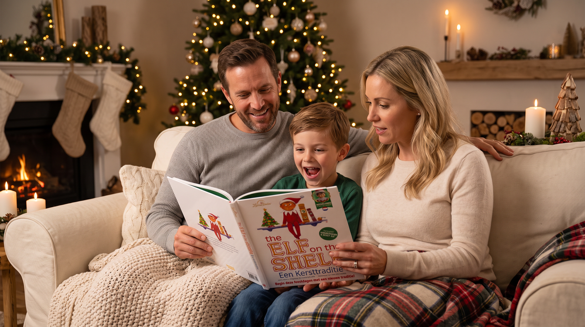 Ouders lezen Elf on the Shelf boek in het Nederlands voor aan hun kind. Gezin zit op een bank in een kerst sfeer huis woonkamer