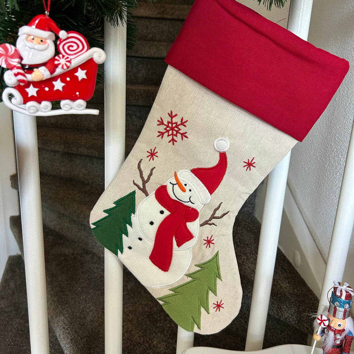 Kerstsok/stocking beige sneeuwpop