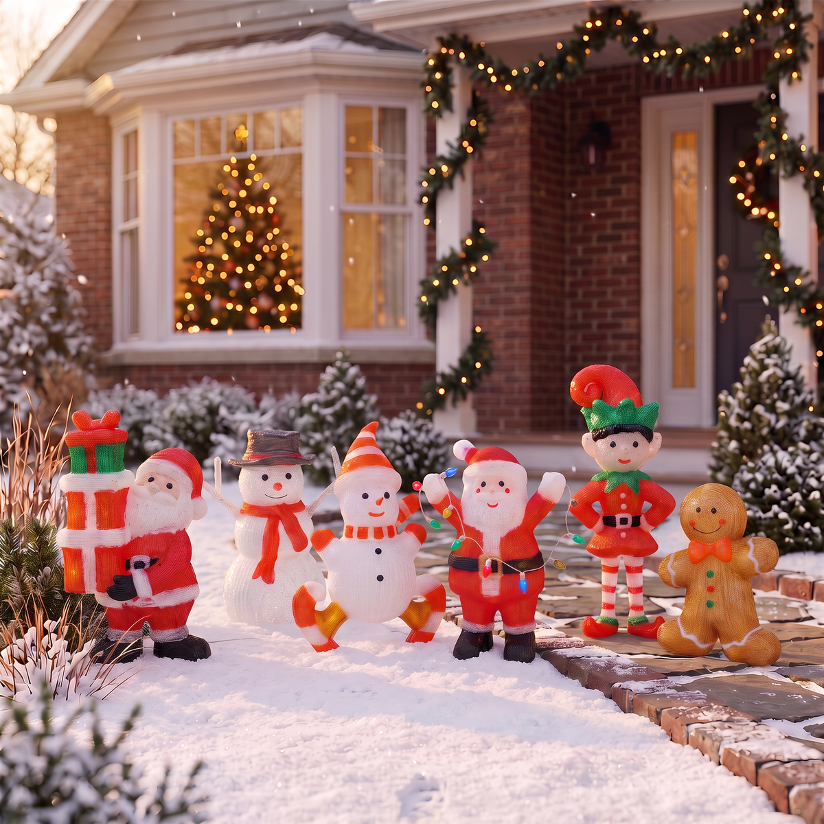Kerstman met cadeaus, sneeuwpop, kerstman met lampjes, gingerbread en een elf verlichting in een besneeuwde tuin met verlichting en een kerstboom op de achtergrond